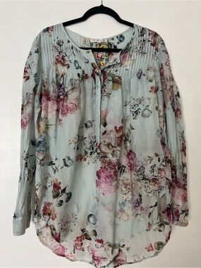 Johnny Was Light Blue Floral Pintuck Peasant Blouse